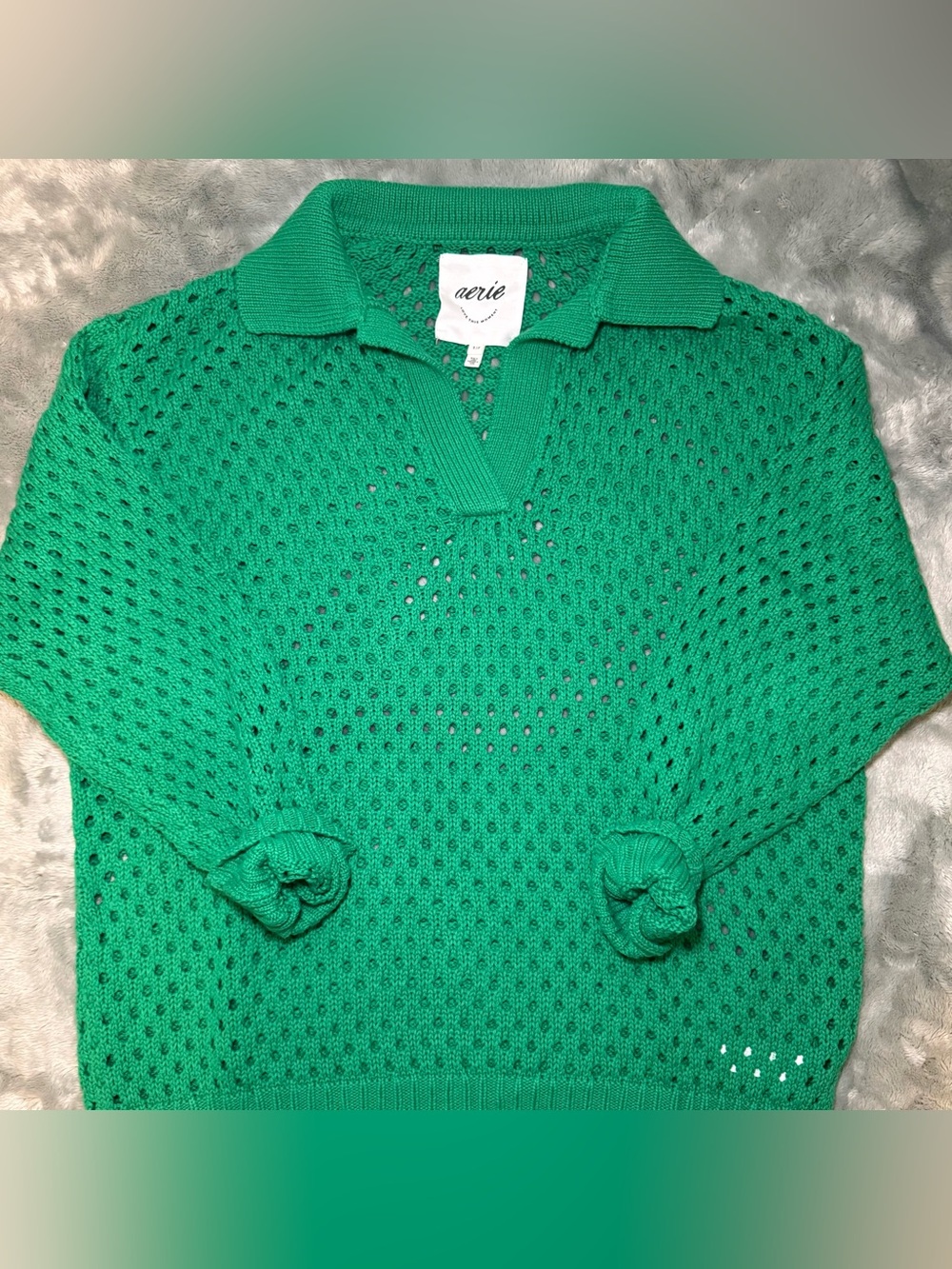 Aerie Open-Knit V-Neck Sweater in Green
